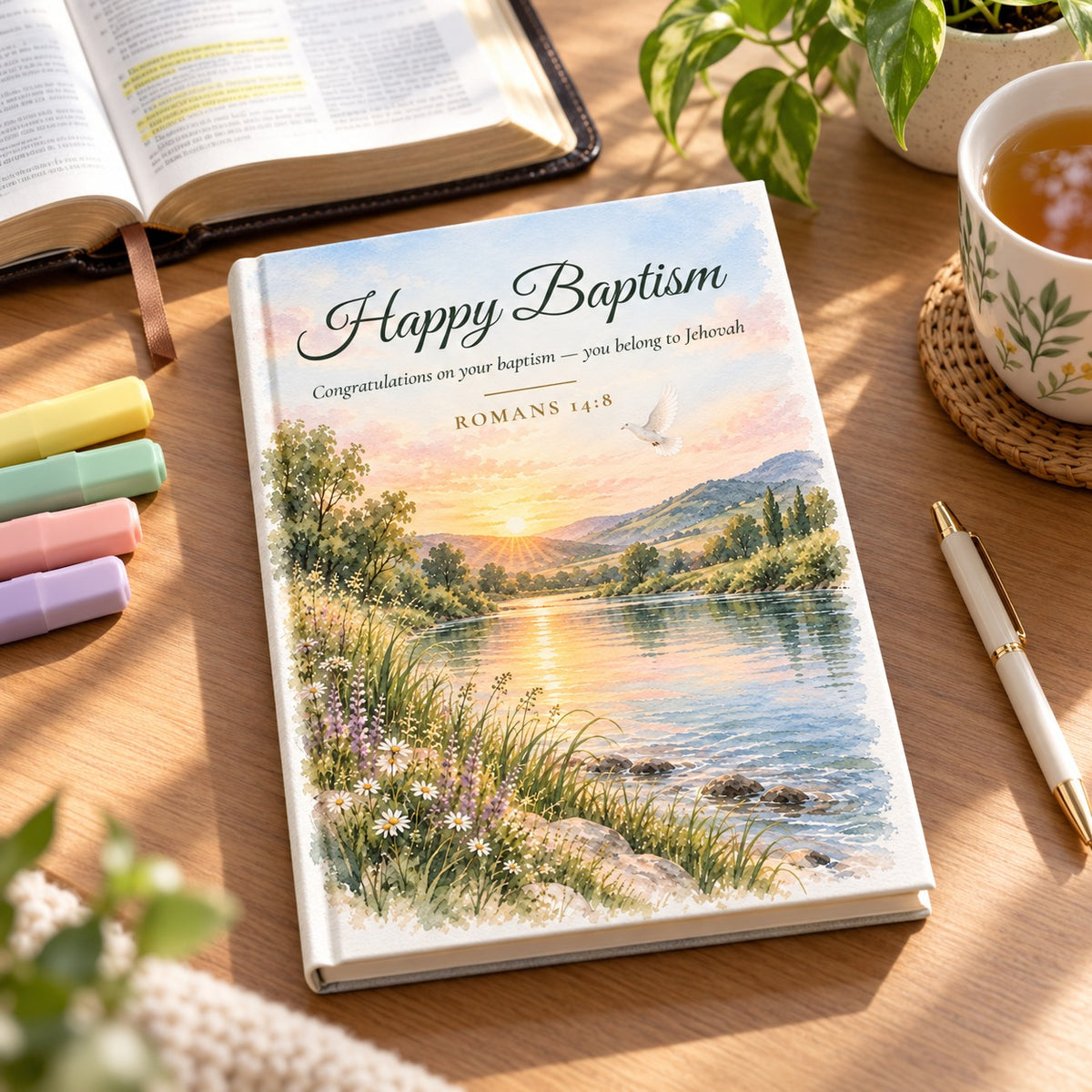 Happy Baptism Watercolor Journal shown in a lifestyle setting