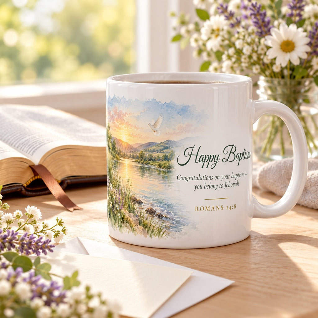 Happy Baptism Watercolor Mug shown in a lifestyle setting
