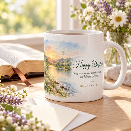 Happy Baptism Watercolor Mug shown in a lifestyle setting