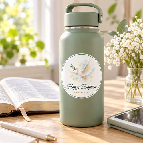 Happy Baptism Watercolor Sticker shown in a lifestyle setting