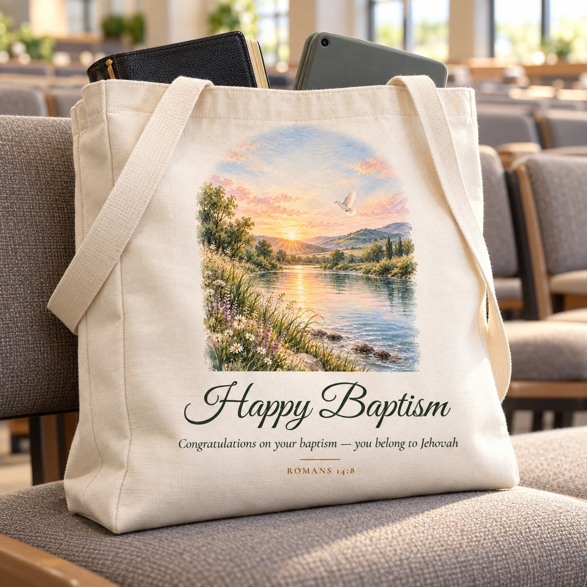 Happy Baptism Watercolor Tote Bag shown in a lifestyle setting