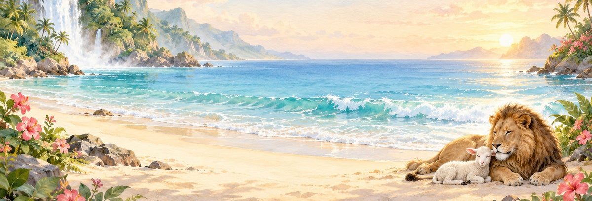 Watercolor beach with a waterfall and a lion resting beside a lamb