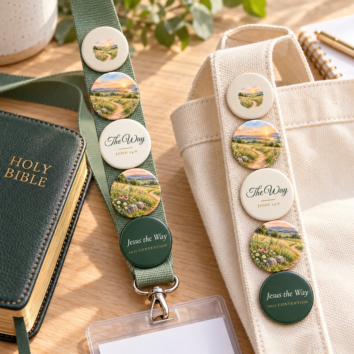 Jesus the Way 2027 Watercolor Pin Set (5 Pins) shown in a lifestyle setting