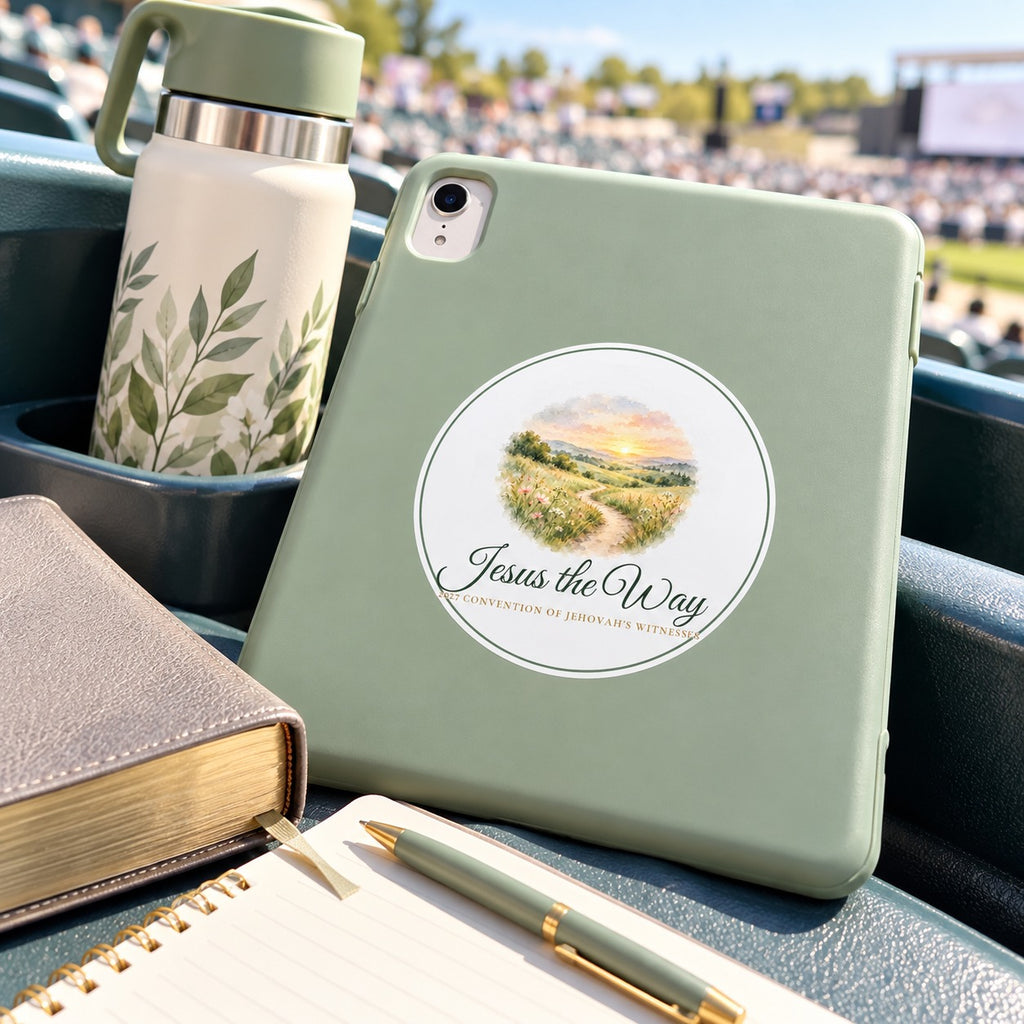 Jesus the Way 2027 Watercolor Sticker shown in a lifestyle setting
