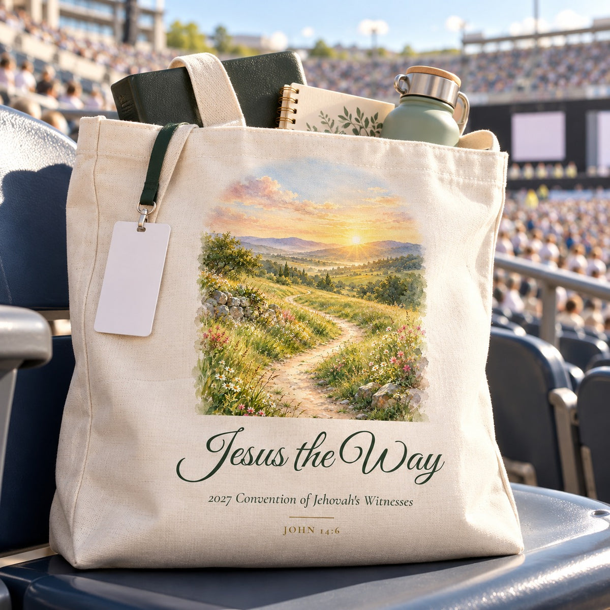 Jesus the Way 2027 Watercolor Tote Bag shown in a lifestyle setting