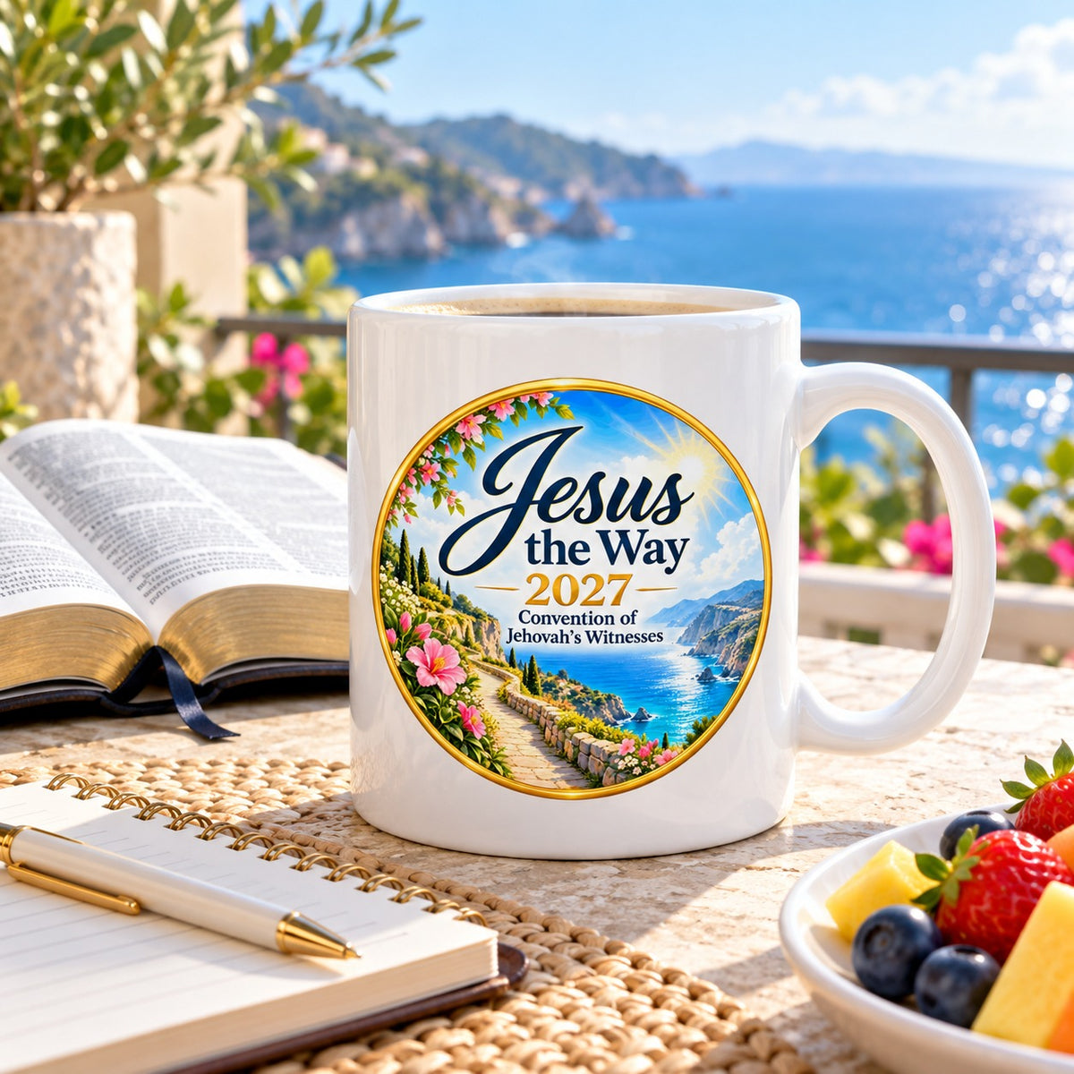 Jesus the Way 2027 Convention Mug – Coastal Path shown in a lifestyle setting