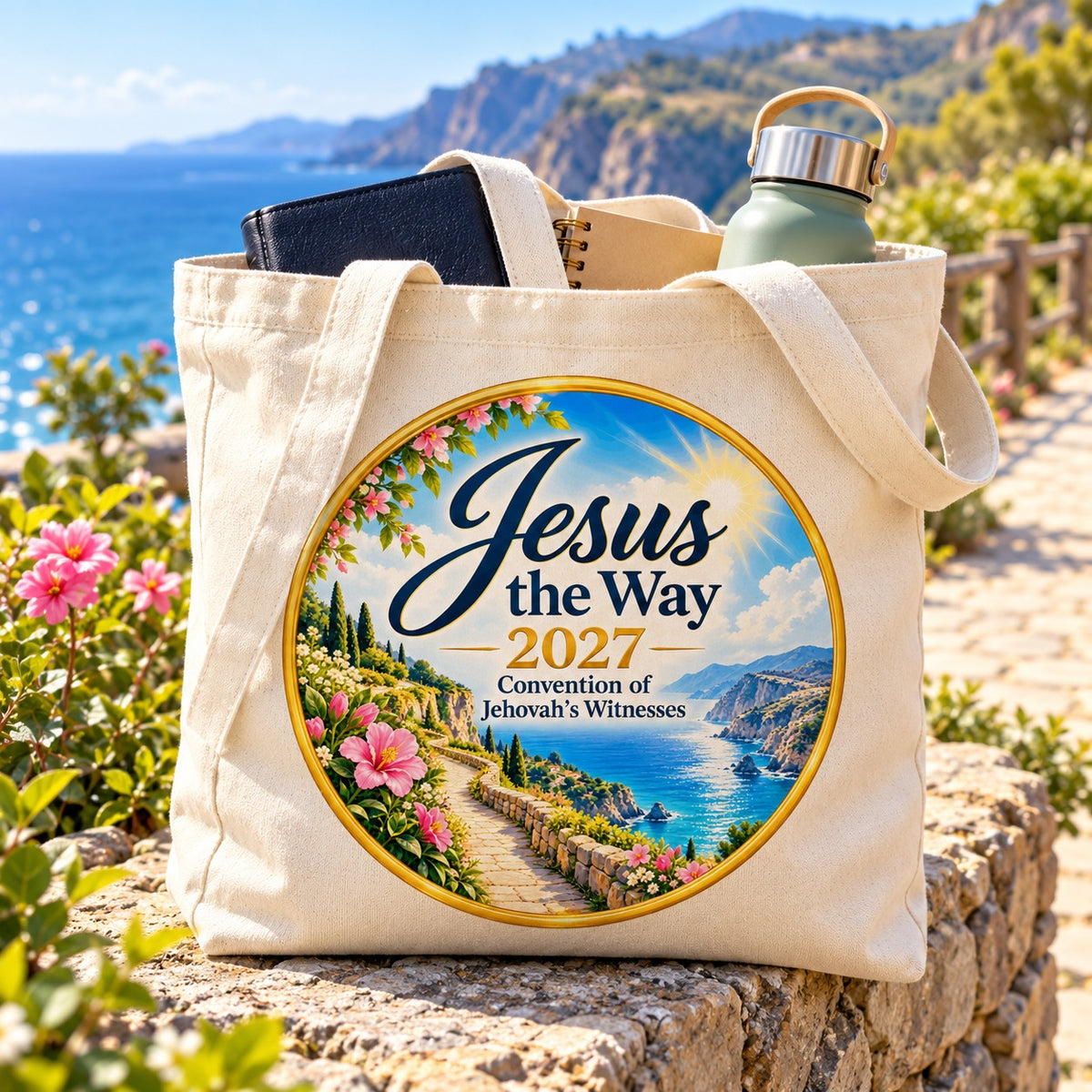 Jesus the Way 2027 Convention Tote Bag – Coastal Path shown in a lifestyle setting
