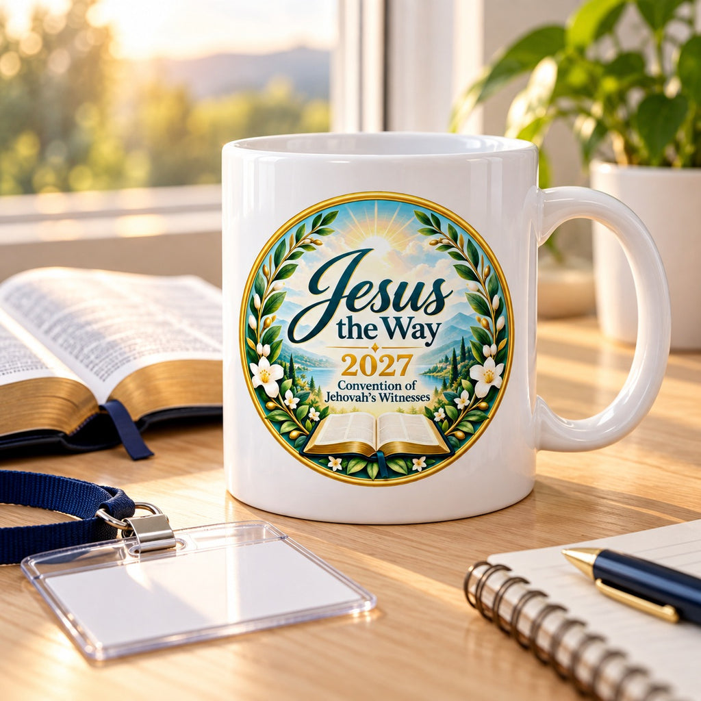 Jesus the Way 2027 Convention Mug – Open Bible shown in a lifestyle setting