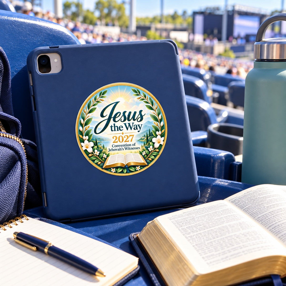 Jesus the Way 2027 Convention Sticker – Open Bible shown in a lifestyle setting