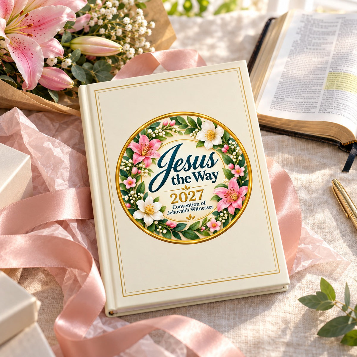 Jesus the Way 2027 Convention Journal – Pink Lily Wreath shown in a lifestyle setting