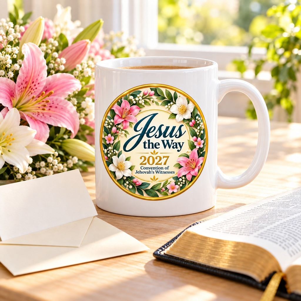 Jesus the Way 2027 Convention Mug – Pink Lily Wreath shown in a lifestyle setting