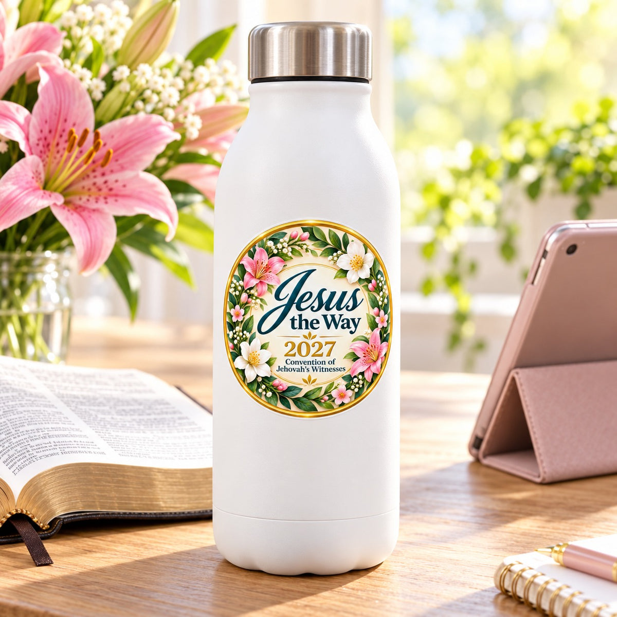 Jesus the Way 2027 Convention Sticker – Pink Lily Wreath shown in a lifestyle setting