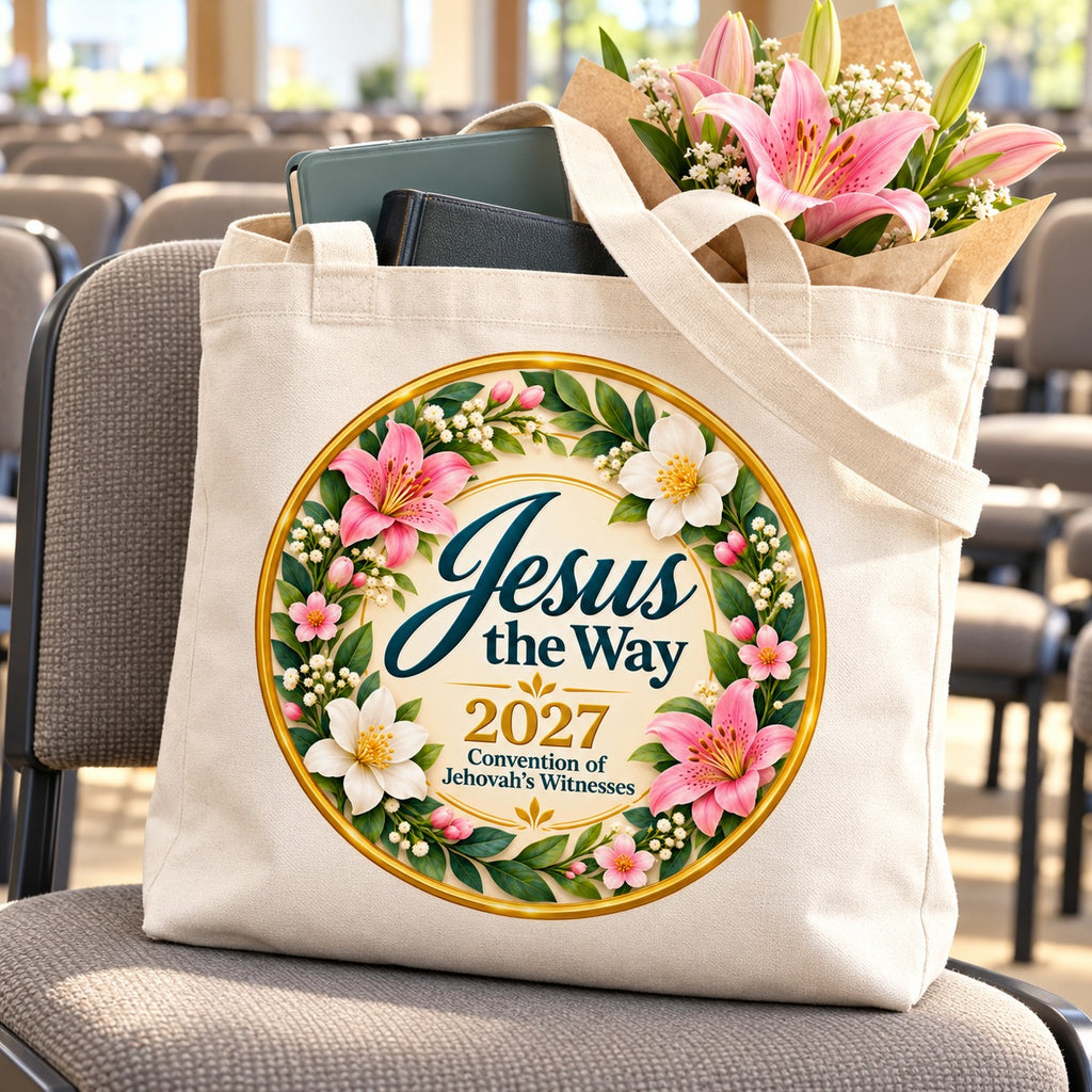 Jesus the Way 2027 Convention Tote Bag – Pink Lily Wreath shown in a lifestyle setting