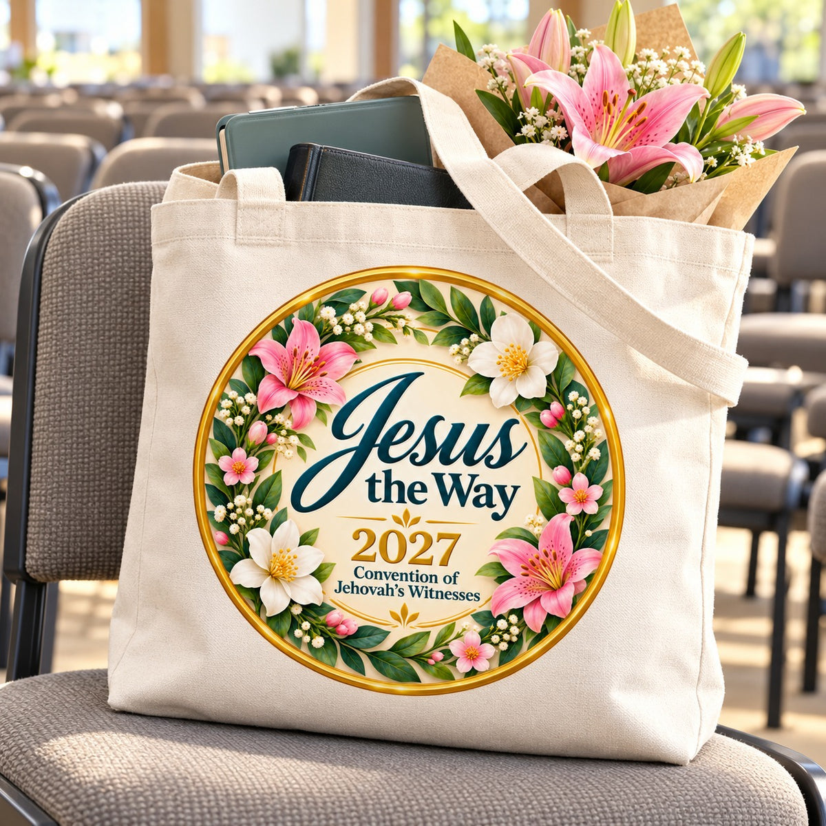 Jesus the Way 2027 Convention Tote Bag – Pink Lily Wreath shown in a lifestyle setting