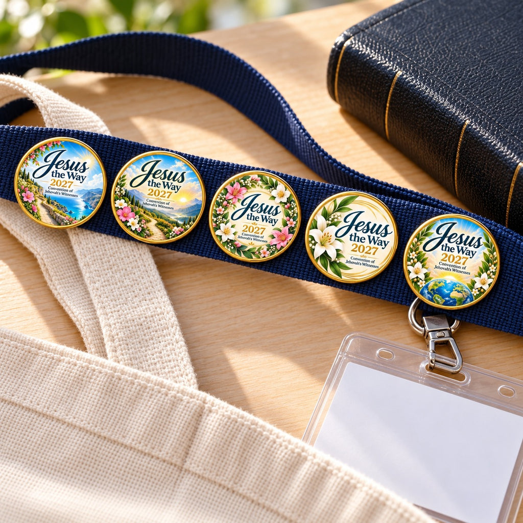 Jesus the Way 2027 Convention Pin Set (5 Pins) – Paths & Lilies shown in a lifestyle setting