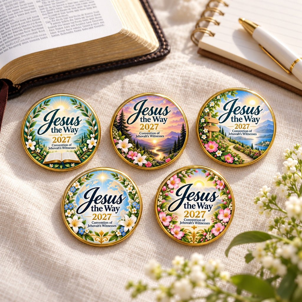 Jesus the Way 2027 Convention Pin Set (5 Pins) – Sunrise & Scripture shown in a lifestyle setting