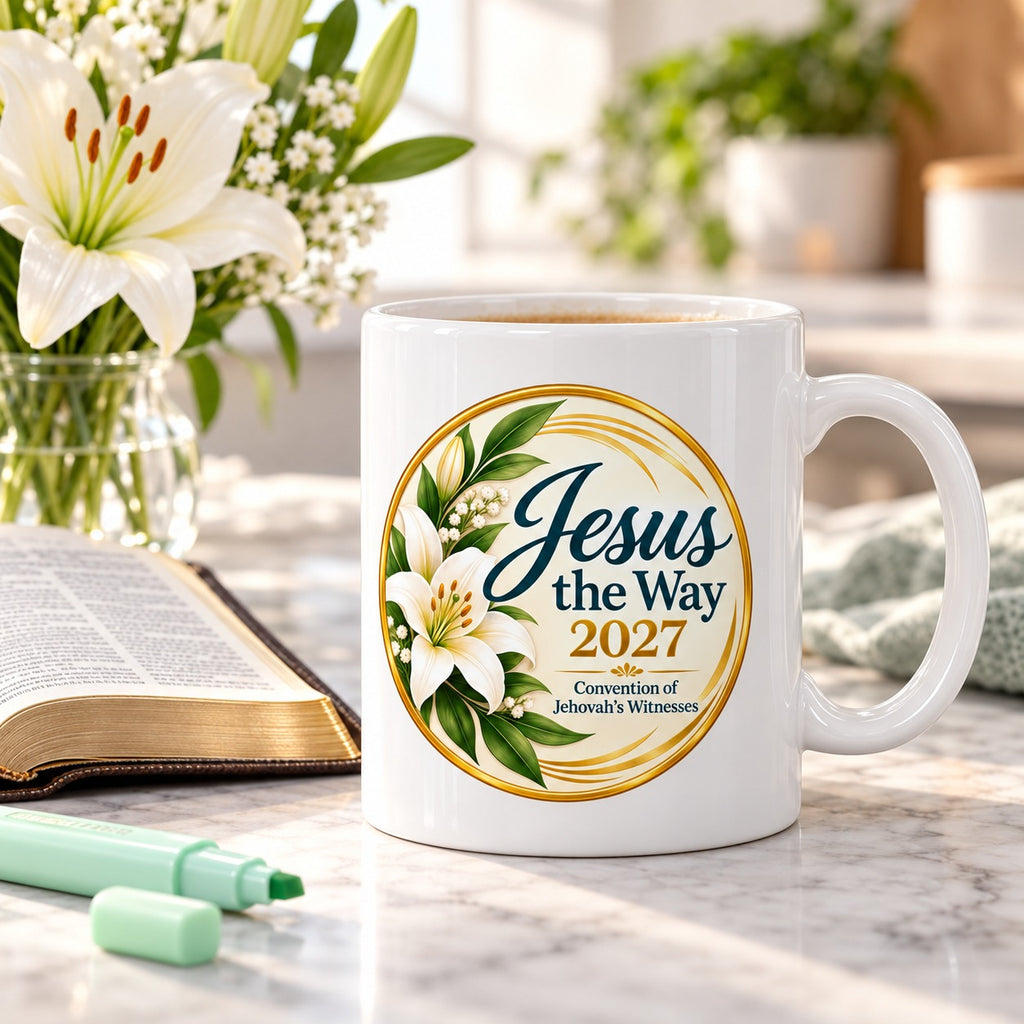 Jesus the Way 2027 Convention Mug – White Lily shown in a lifestyle setting