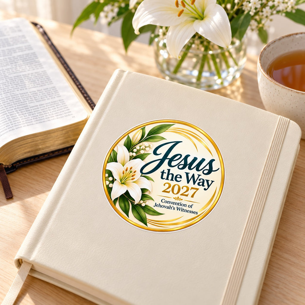 Jesus the Way 2027 Convention Sticker – White Lily shown in a lifestyle setting