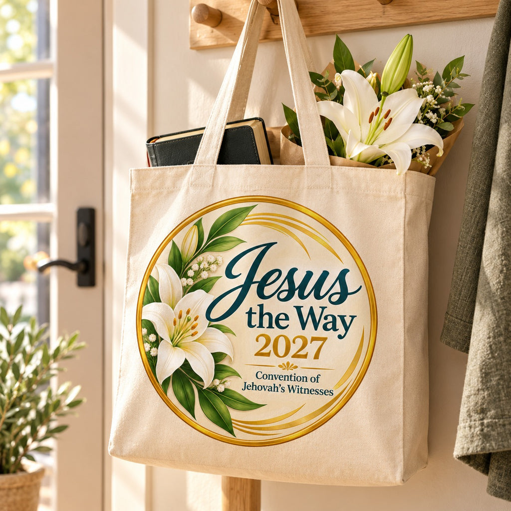 Jesus the Way 2027 Convention Tote Bag – White Lily shown in a lifestyle setting