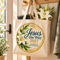 Jesus the Way 2027 Convention Tote Bag – White Lily shown in a lifestyle setting