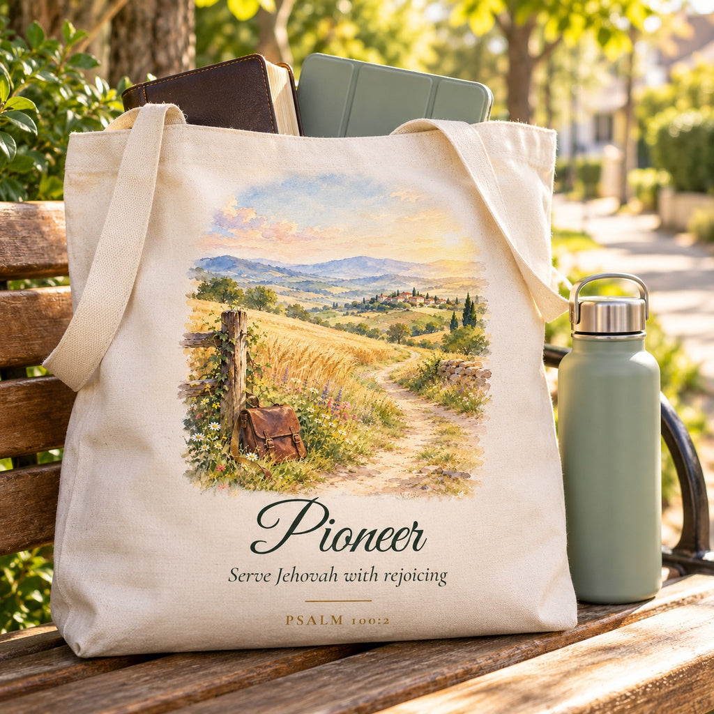 Pioneer Watercolor Tote Bag shown in a lifestyle setting