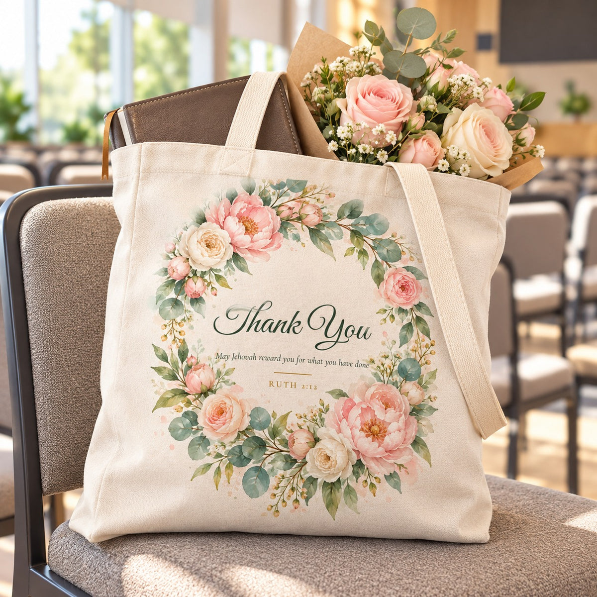 Thank You Watercolor Tote Bag shown in a lifestyle setting
